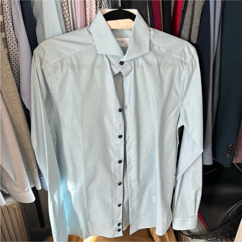 Eton Mens Button-Up Shirt Teal Blue Diamond Dot Long Sleeve 15 Super Slim